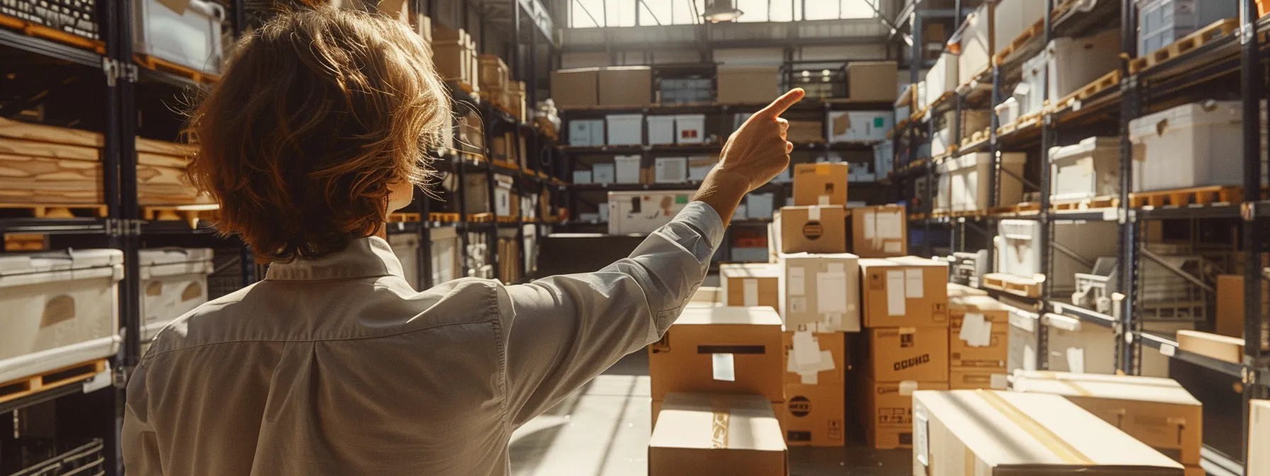 a person confidently pointing to a moving truck labeled with different moving terms, surrounded by neatly packed furniture and boxes.