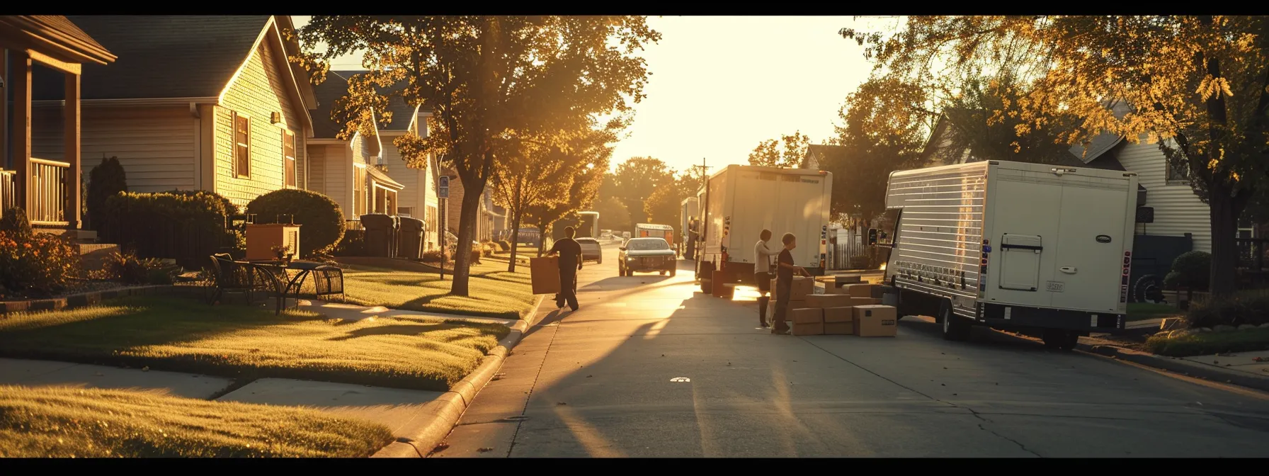 a team of skilled movers carefully packing boxes and loading them onto a moving truck, with a backdrop of a serene olathe neighborhood.