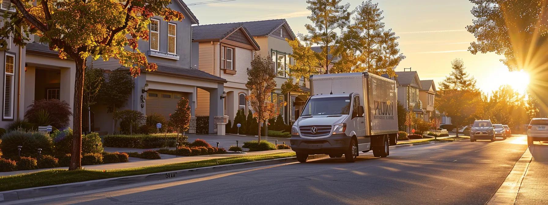 a professional moving company truck parked in front of houses and commercial buildings, ready to provide customized and efficient relocation services.