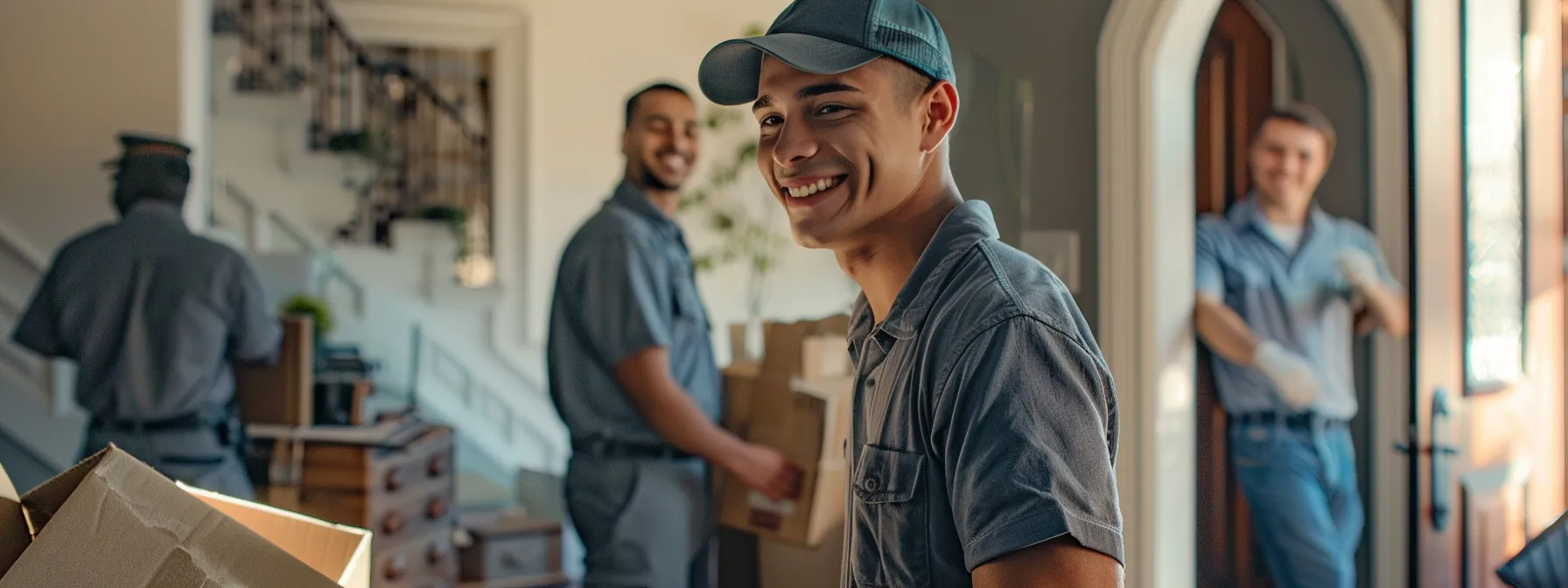 a group of smiling movers carefully navigating furniture through a doorway while a satisfied customer watches.