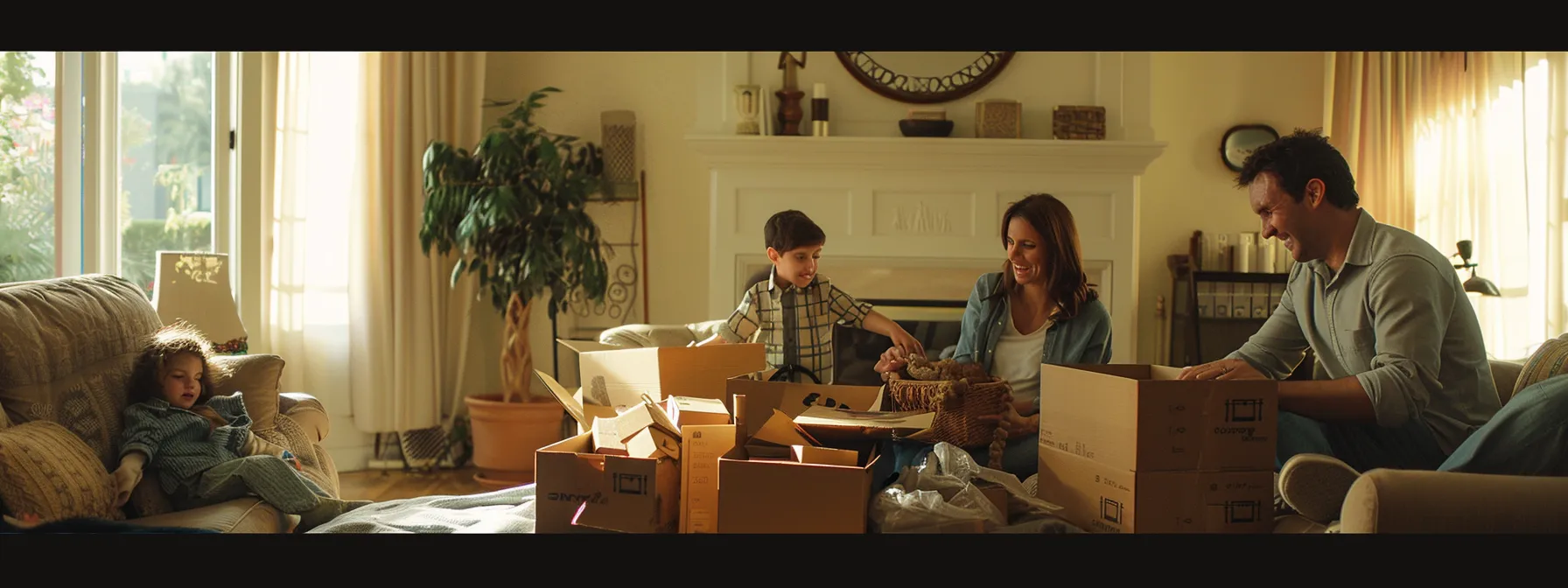 a family happily packing boxes in their organized living room, following a detailed checklist provided by a. arnold moving for their stress-free olathe relocation.