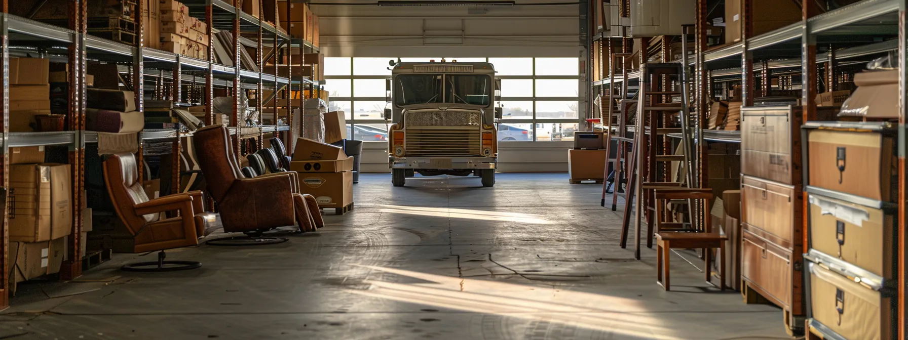 a moving truck from a. arnold, a standout local moving company in olathe, packed with office chairs and warehouse storage boxes, ready for a smooth relocation across the united states.